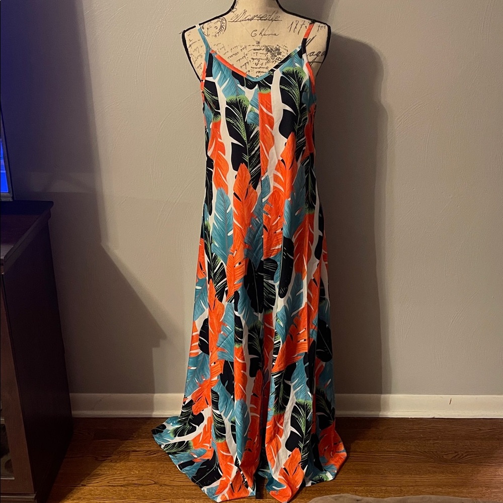 Tropical Leaf Print Sleeveless Maxi Dress Multicolor Spaghetti Strap Medium